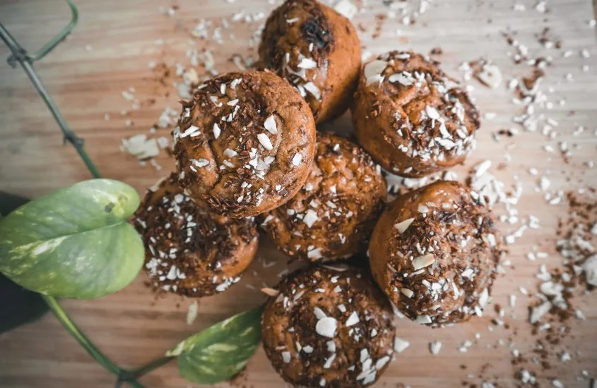Homemade vegan coffee banana muffins with chocolate filling